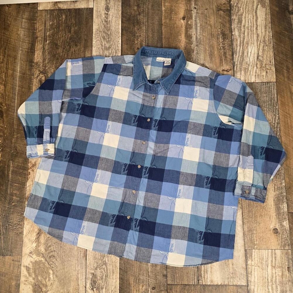 Vintage Denim Blue Plaid Button Shirt Womens Plus 4X Tropical Palm Tree Cotton